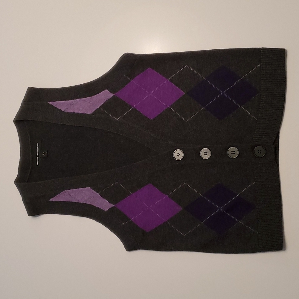 Express Gray with Purple Argyle Button Front Sweater Vest Size XS